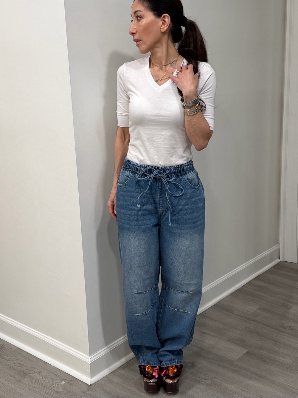 Fabulous Pull on Drawstring Elastic Waist Denim Barrel Jeans
